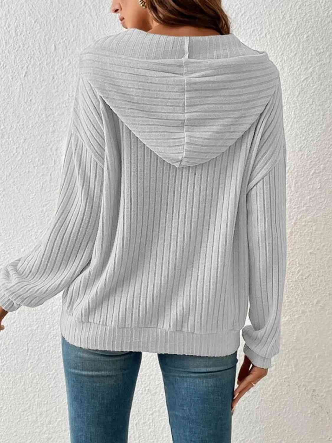 Stay Cozy and Stylish with our Ribbed Dropped Shoulder Drawstring Hoodi