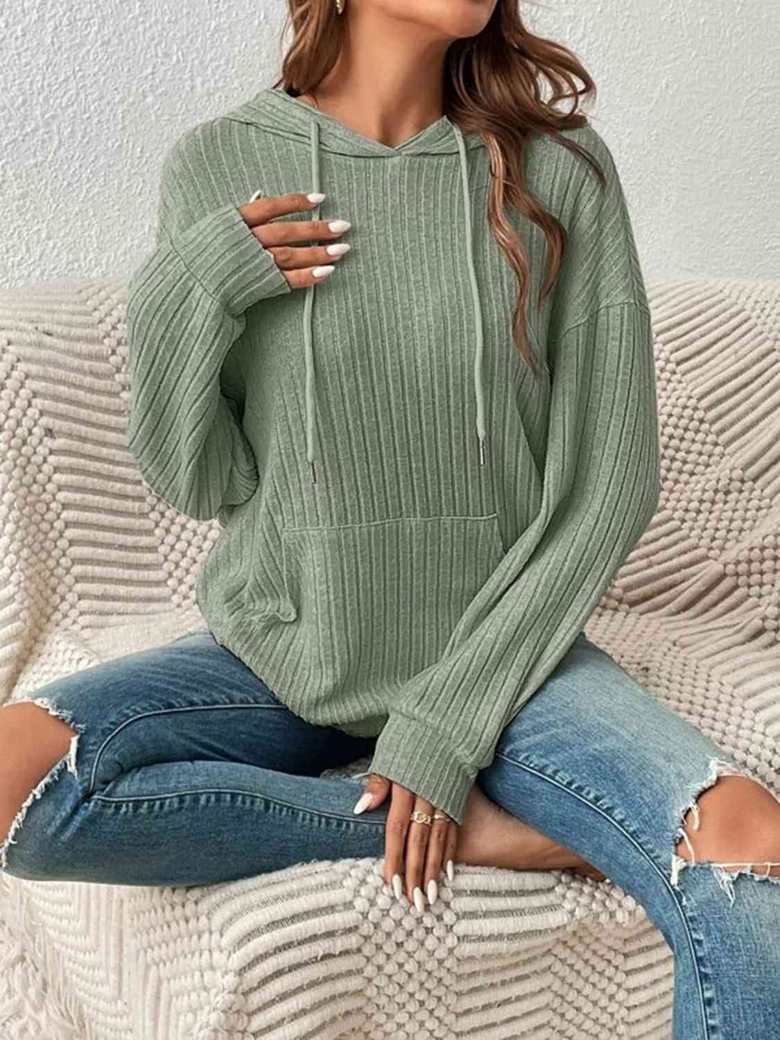 Stay Cozy and Stylish with our Ribbed Dropped Shoulder Drawstring Hoodi