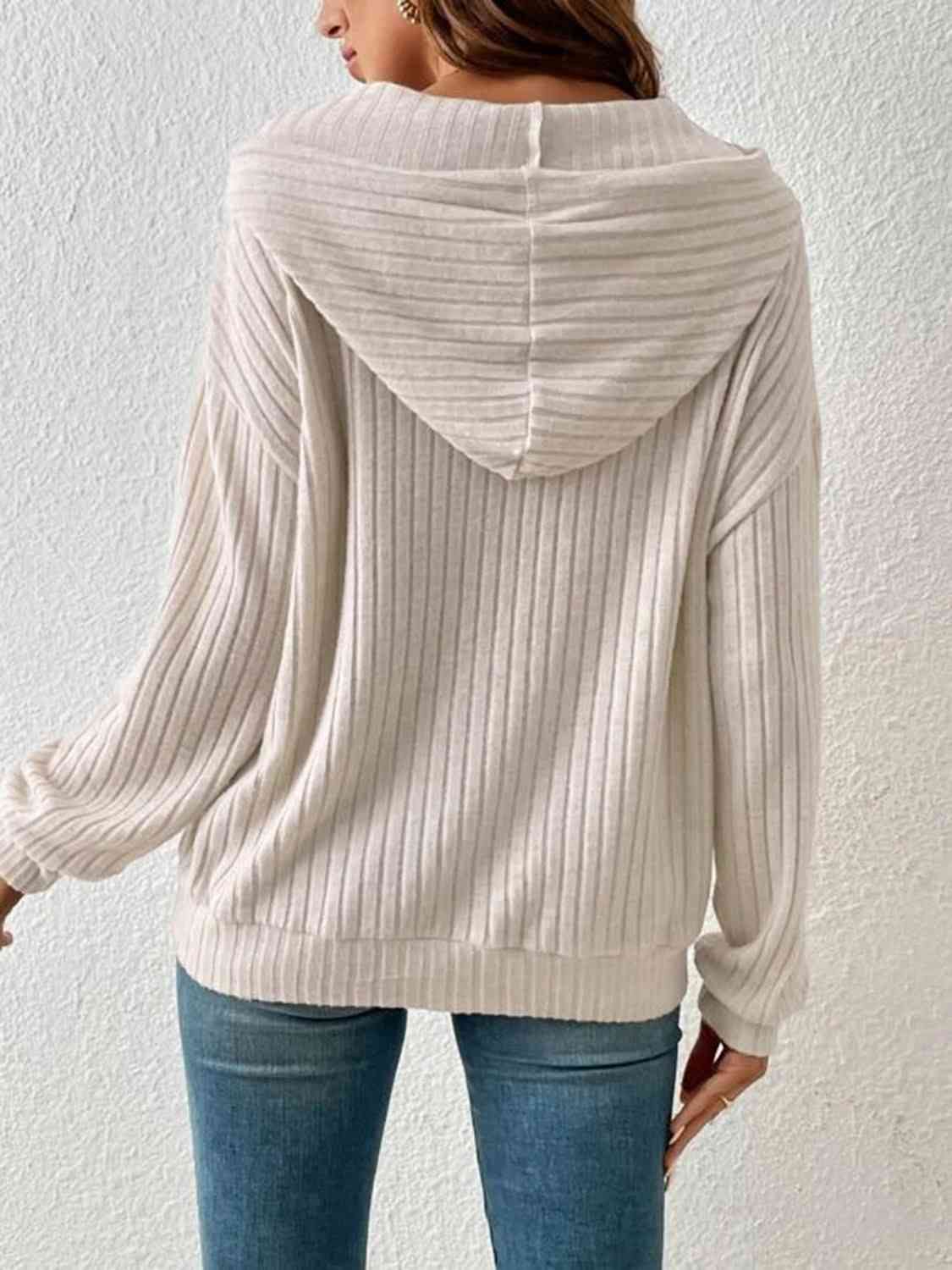 Stay Cozy and Stylish with our Ribbed Dropped Shoulder Drawstring Hoodi