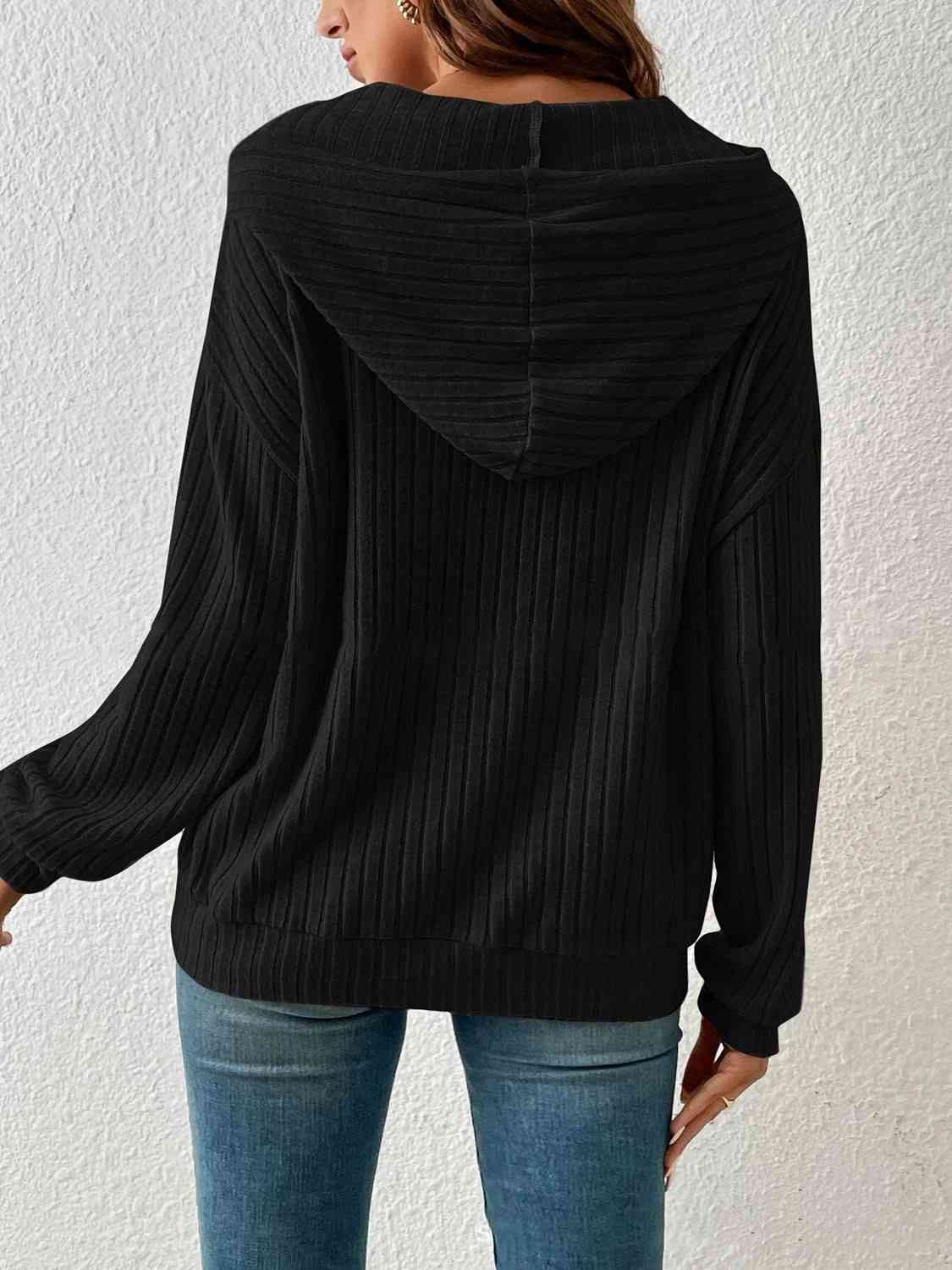 Stay Cozy and Stylish with our Ribbed Dropped Shoulder Drawstring Hoodi