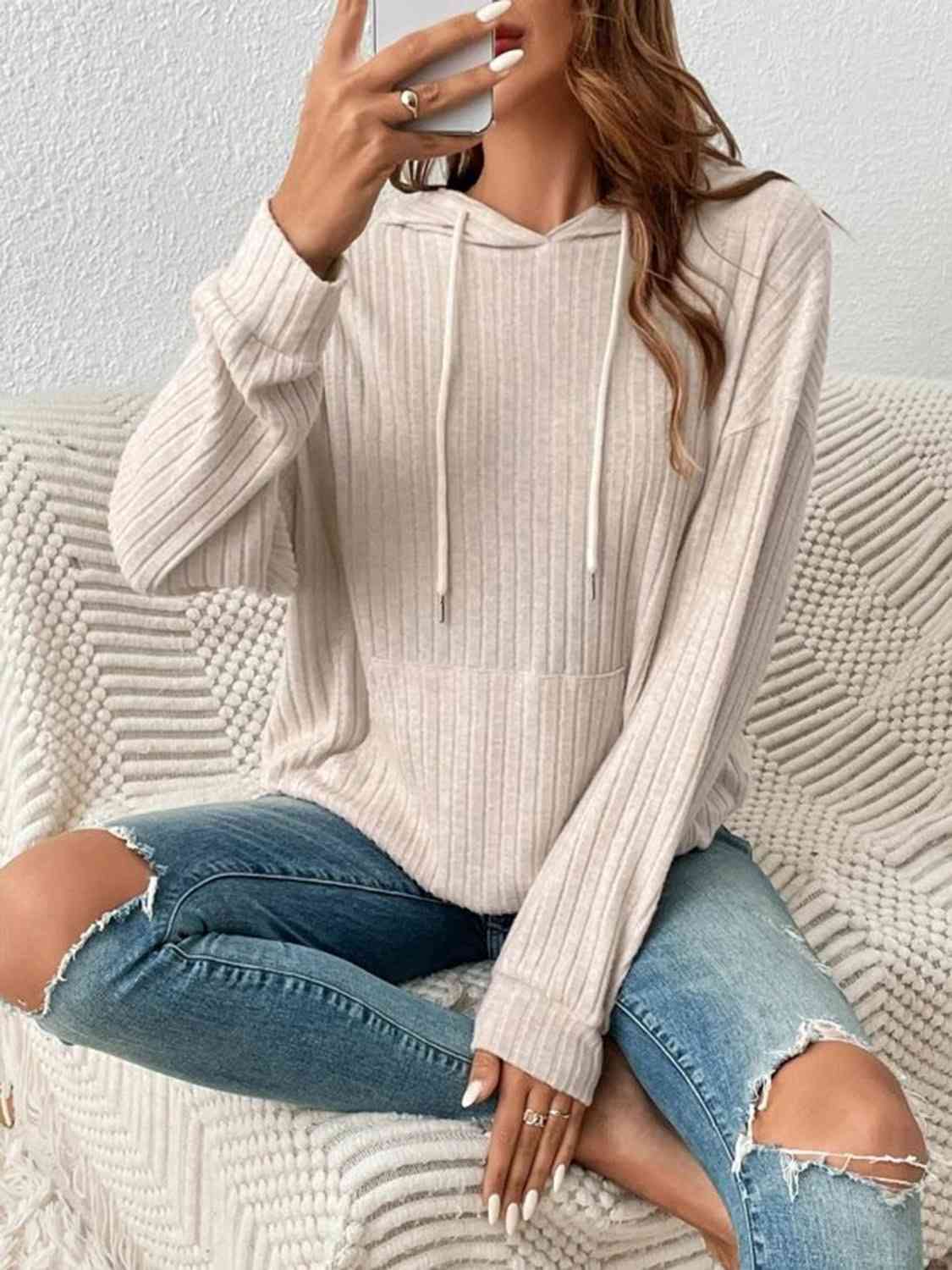 Stay Cozy and Stylish with our Ribbed Dropped Shoulder Drawstring Hoodi