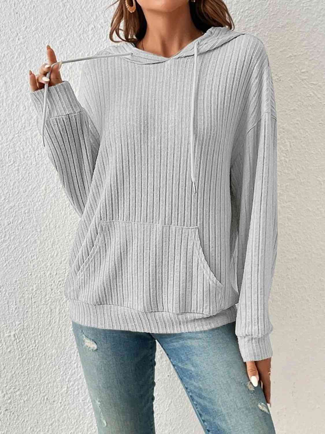 Stay Cozy and Stylish with our Ribbed Dropped Shoulder Drawstring Hoodi