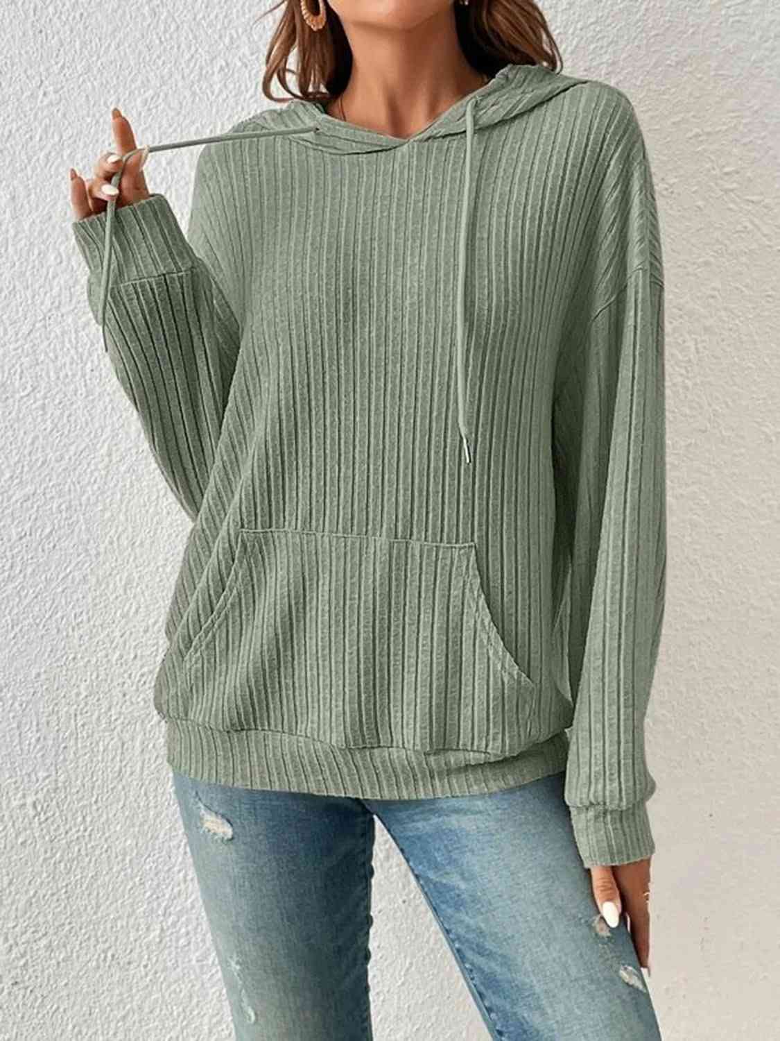 Stay Cozy and Stylish with our Ribbed Dropped Shoulder Drawstring Hoodi