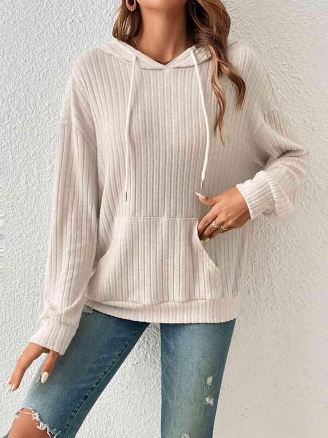 Stay Cozy and Stylish with our Ribbed Dropped Shoulder Drawstring Hoodi