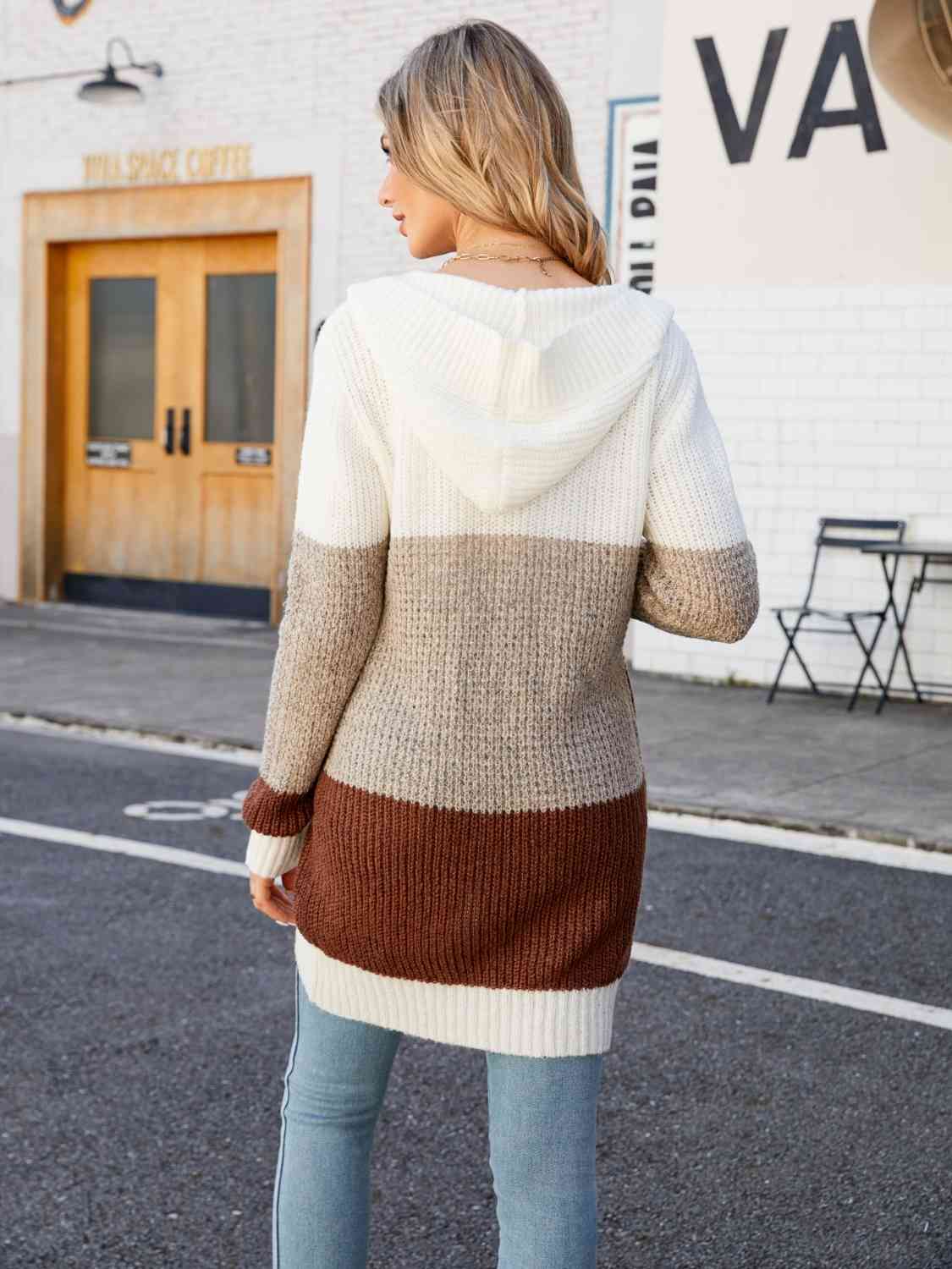 Stay Cozy and Stylish with our Color Block Open Front Hooded Cardigan