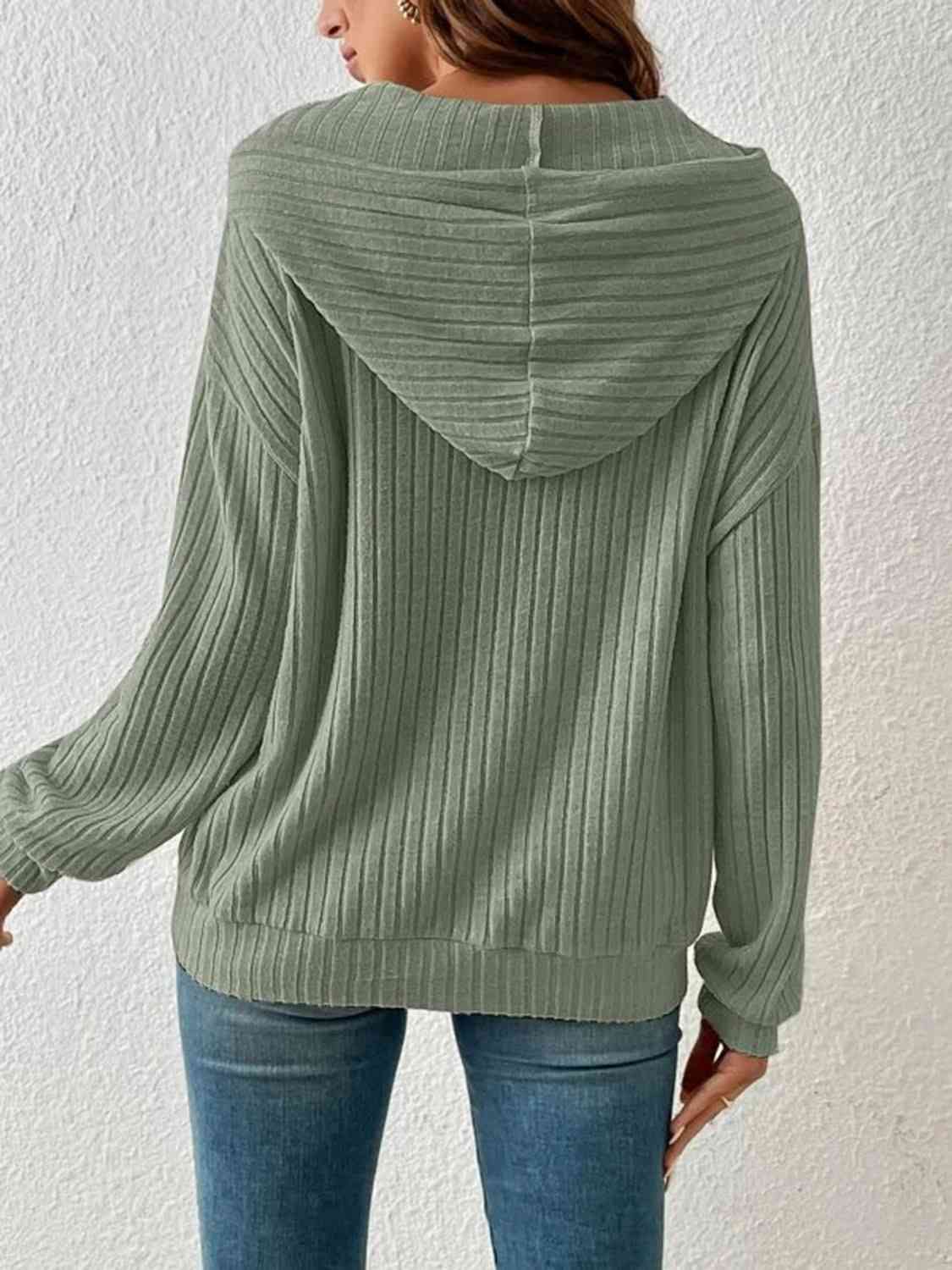Stay Cozy and Stylish with our Ribbed Dropped Shoulder Drawstring Hoodi