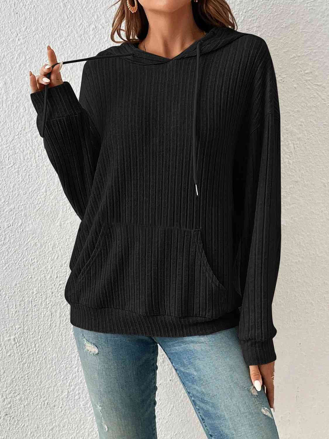 Stay Cozy and Stylish with our Ribbed Dropped Shoulder Drawstring Hoodi