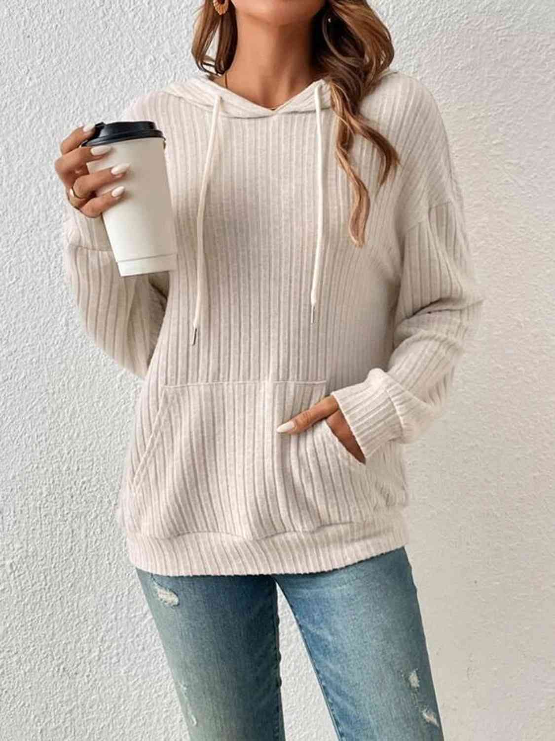 Stay Cozy and Stylish with our Ribbed Dropped Shoulder Drawstring Hoodi