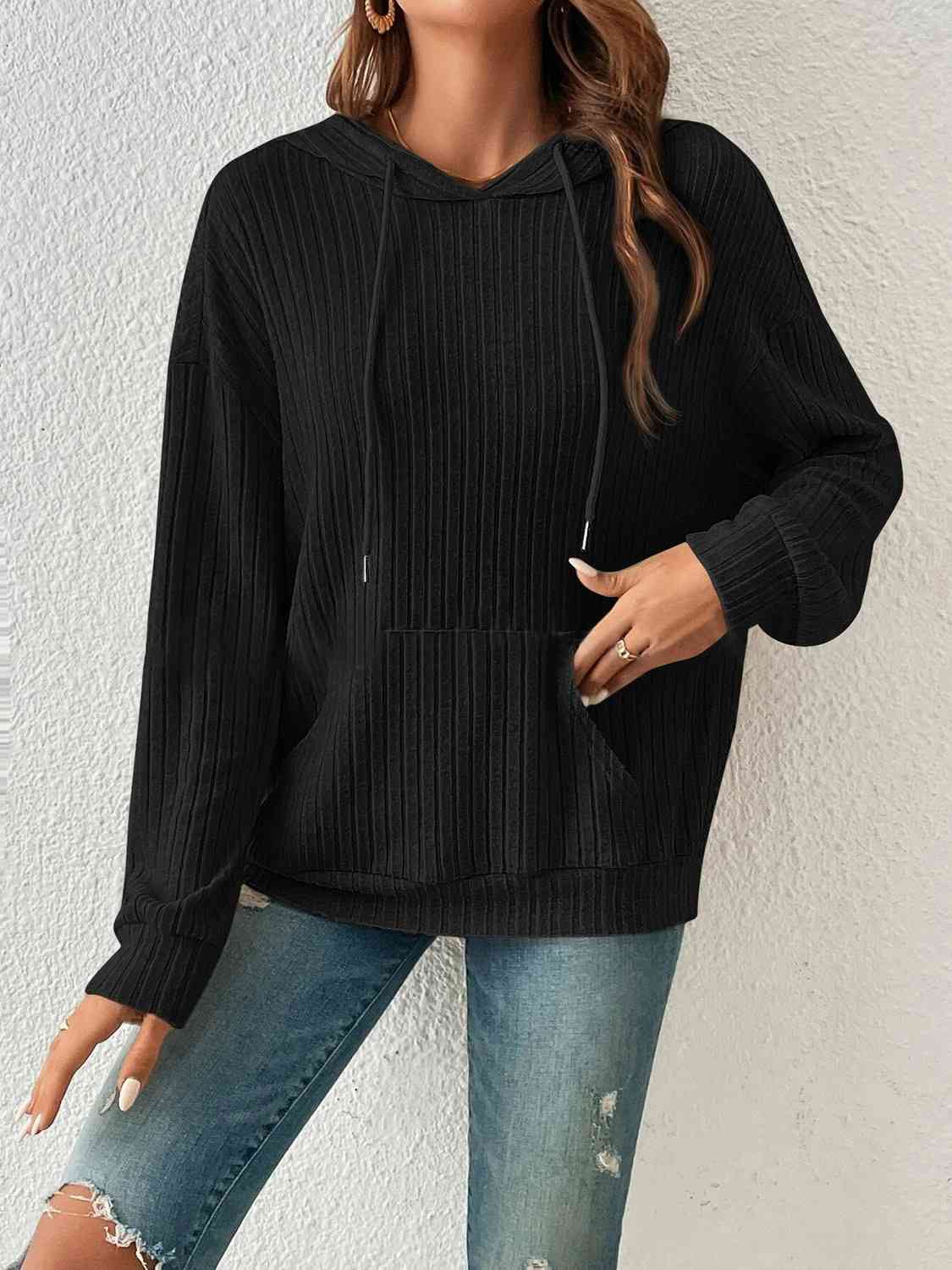 Stay Cozy and Stylish with our Ribbed Dropped Shoulder Drawstring Hoodi