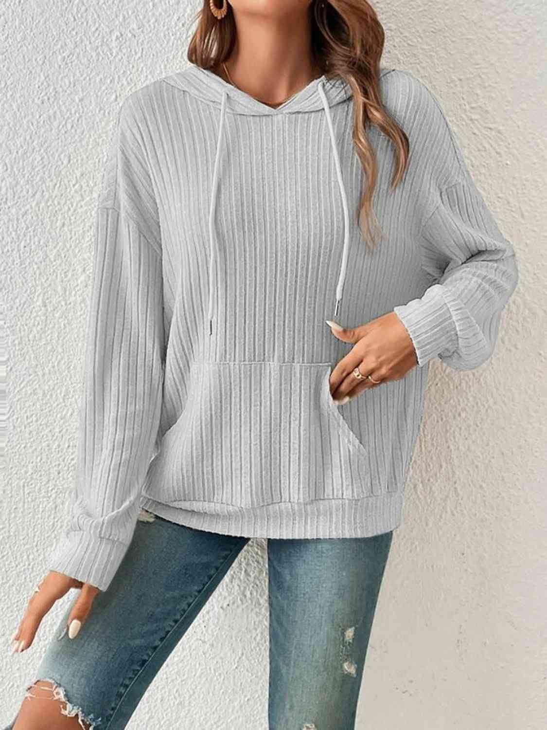 Stay Cozy and Stylish with our Ribbed Dropped Shoulder Drawstring Hoodi